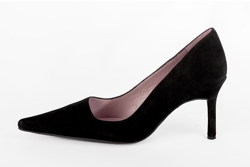 Matt black women's dress pumps,with a square neckline. Pointed toe. High slim heel. Profile view - Florence KOOIJMAN